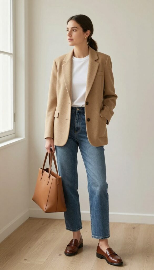 1. Camel Blazer + White Tee + Straight-Leg Jeans + Loafers