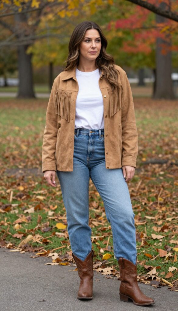 2. Suede Fringe Jacket with Wide-Leg Jeans