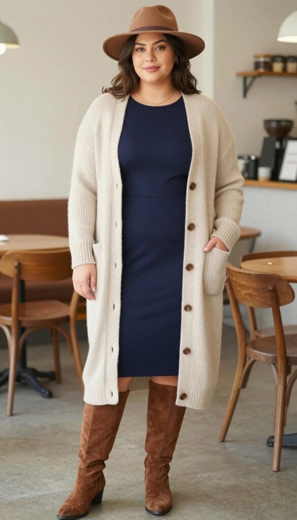10. Layered Look: Long Cardigan over a Midi Dress
