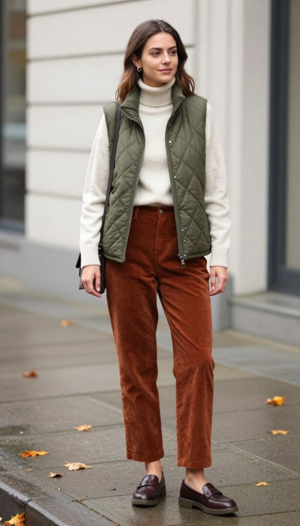 4. Quilted Vest over Turtleneck with Corduroy Pants and Loafers