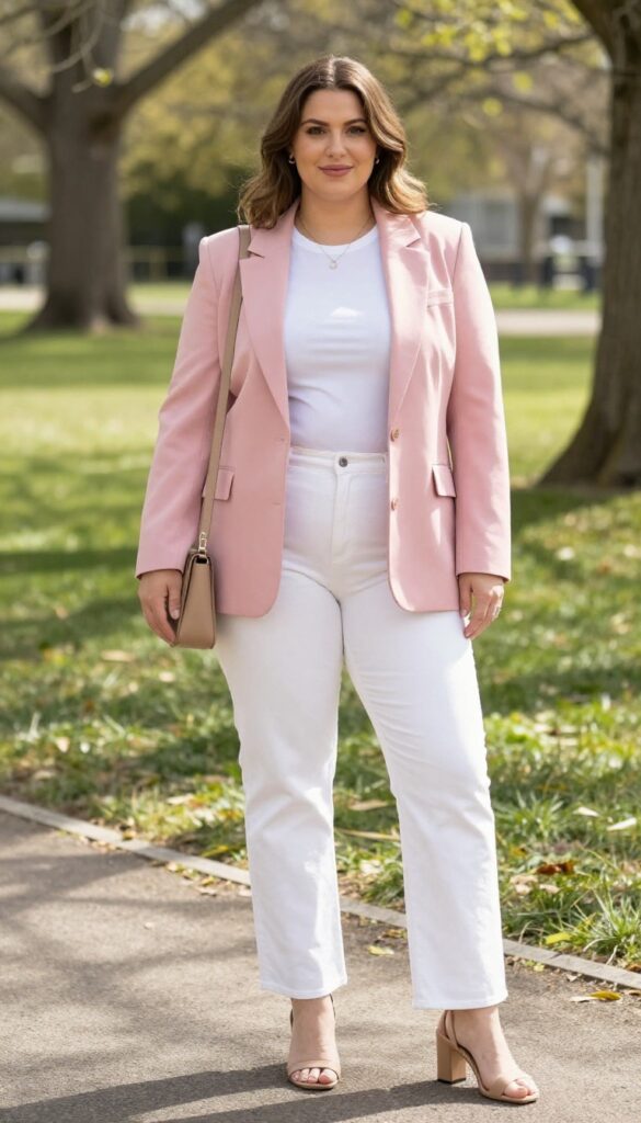 7. Blush Pink Blazer with White Jeans