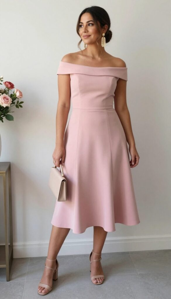 Woman in dusty pink off-shoulder midi dress with gold chandelier earrings and nude strappy block-heel sandals, standing in elegant indoor venue with floral decor.