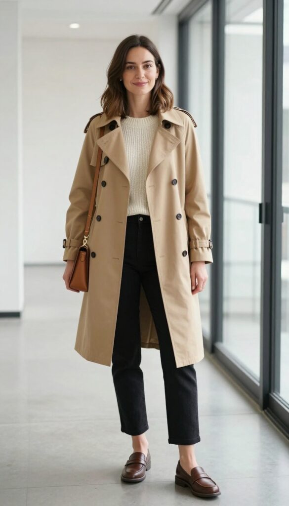 14. Trench Coat + Knit + Straight-Leg Pants