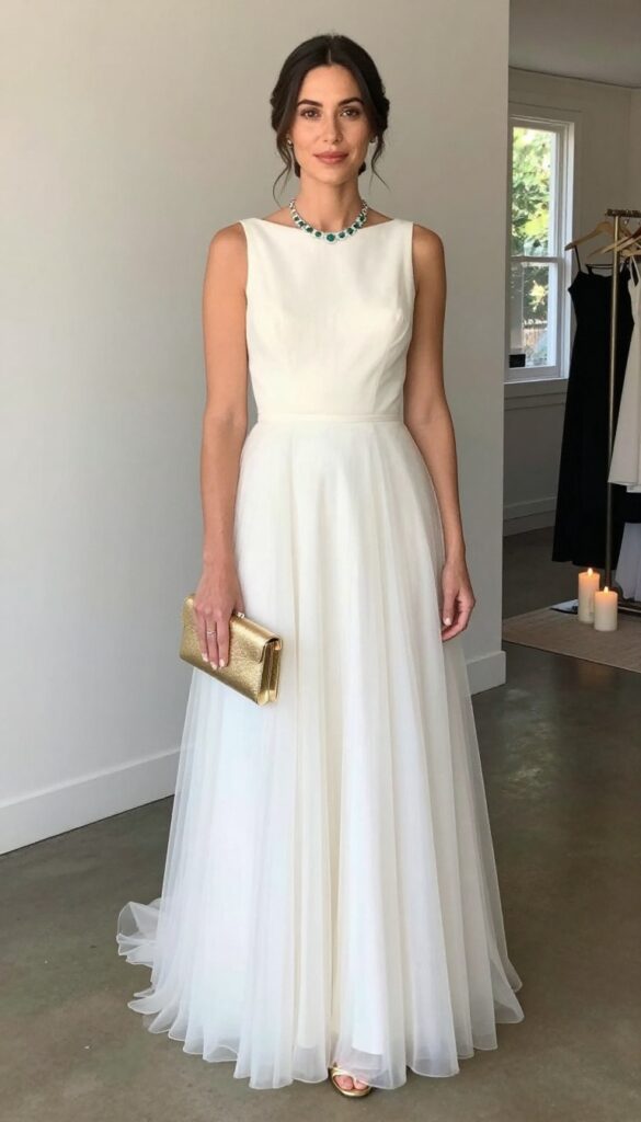 Woman in sleeveless tulle wedding dress with statement necklace and gold clutch, black-tie optional wedding look