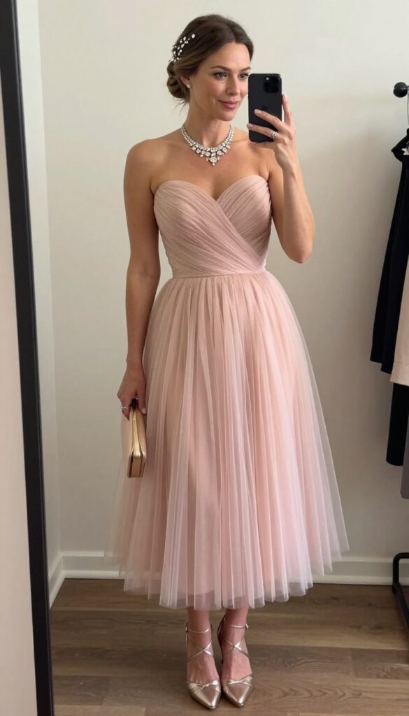 Woman in pink rose gold tulle wedding dress with sweetheart neckline, A-line skirt, low chignon with crystal hair pins, statement crystal necklace, nude clutch, and metallic strappy heels.