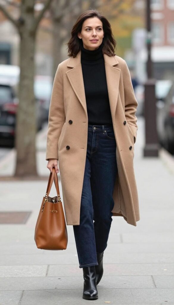 2. Camel Coat + Black Turtleneck + Straight-Leg Jeans
