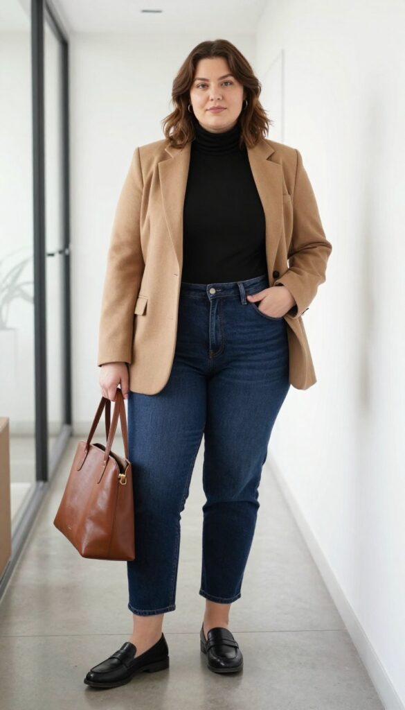2. High-Waisted Straight-Leg Jeans with a Fitted Turtleneck and Blazer