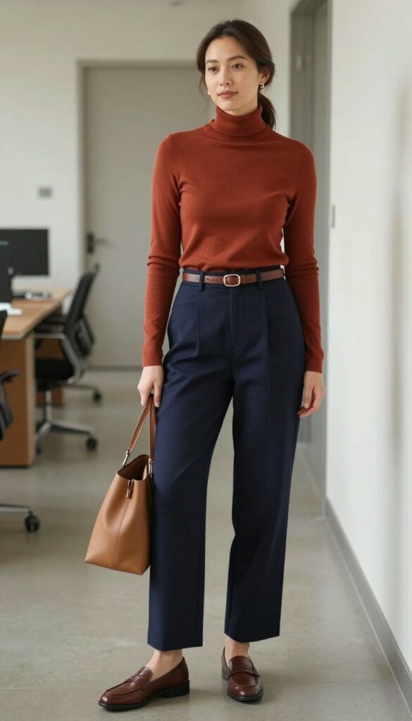 2. Turtleneck + Wide-Leg Trousers + Loafers