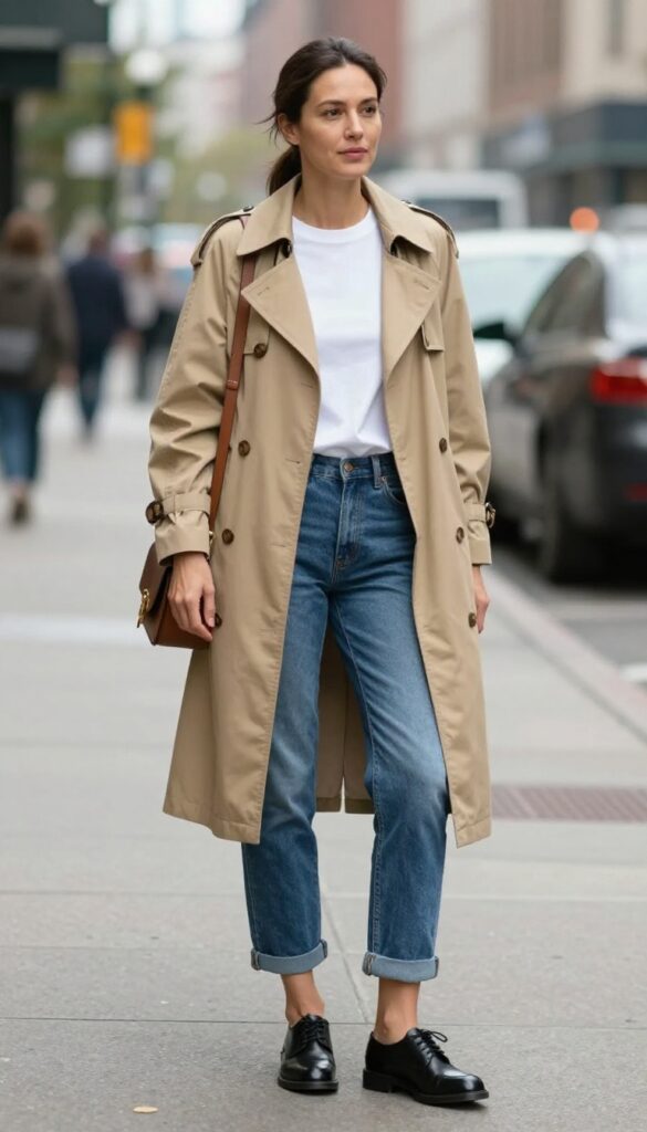 10. Trench Coat + Mid Wash Jeans + Oxfords