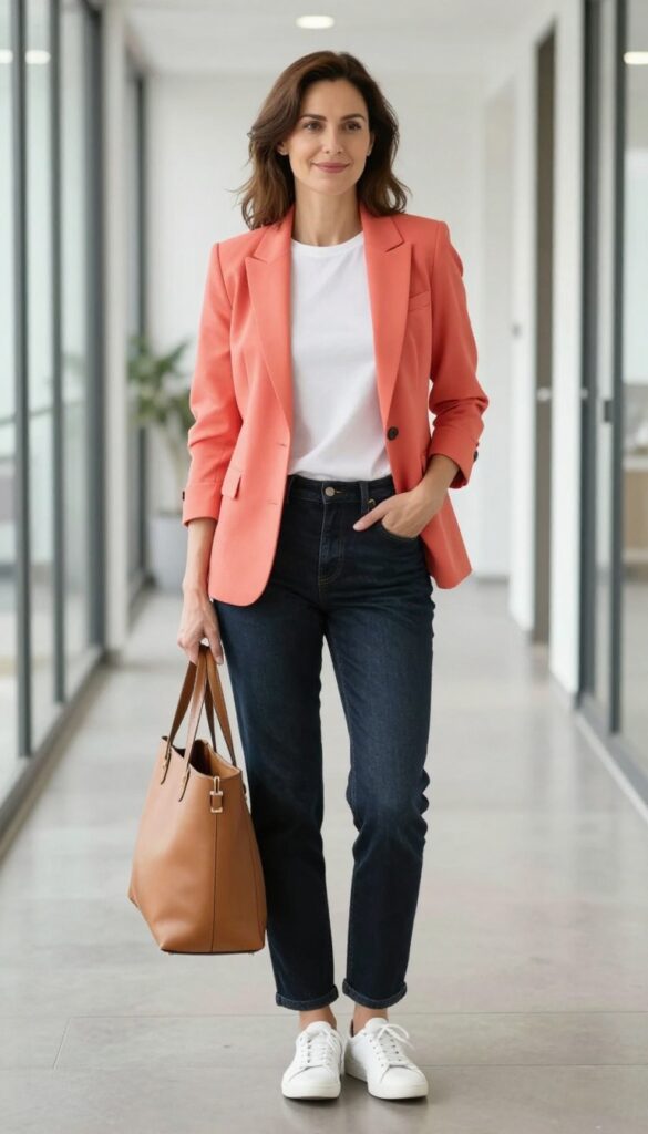 10. Coral Blazer + Denim + White Tee