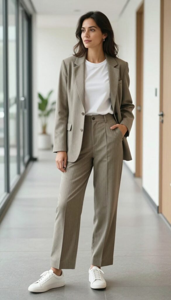 9. Pinstripe Suit + White Tee + Trainers