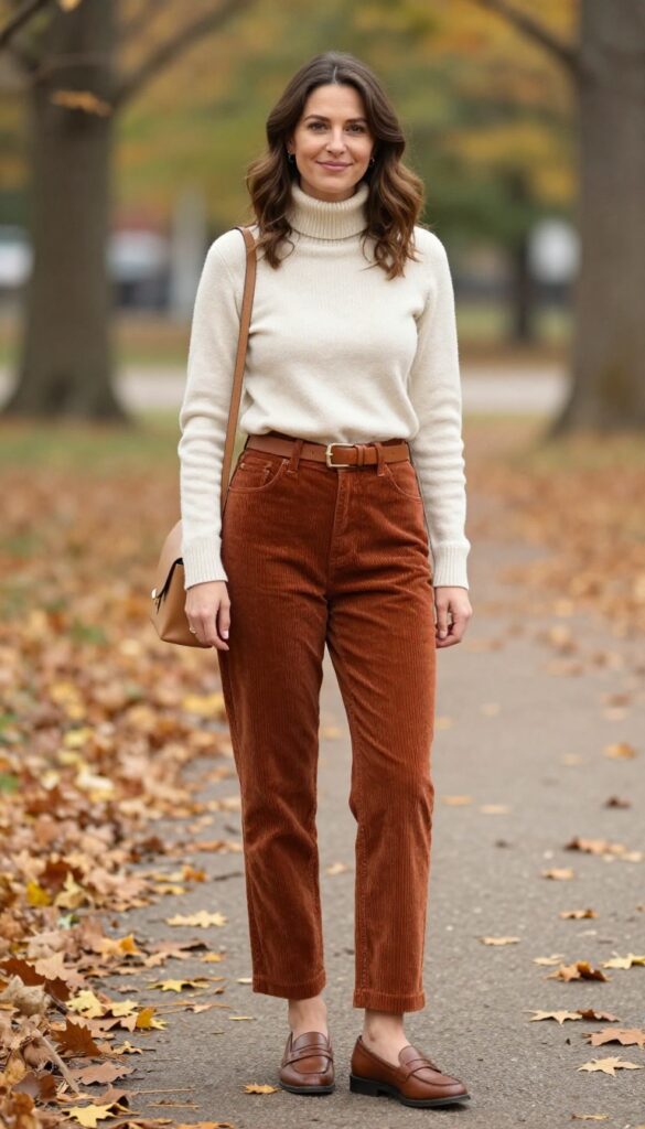 2. Tucked-In Turtleneck with High-Waisted Corduroy Pants