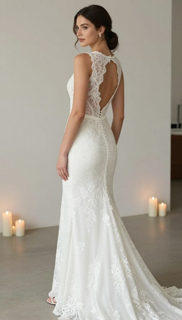 Bride in high-neck lace wedding gown with illusion back, pearl studs, low ponytail, standing in candlelit venue