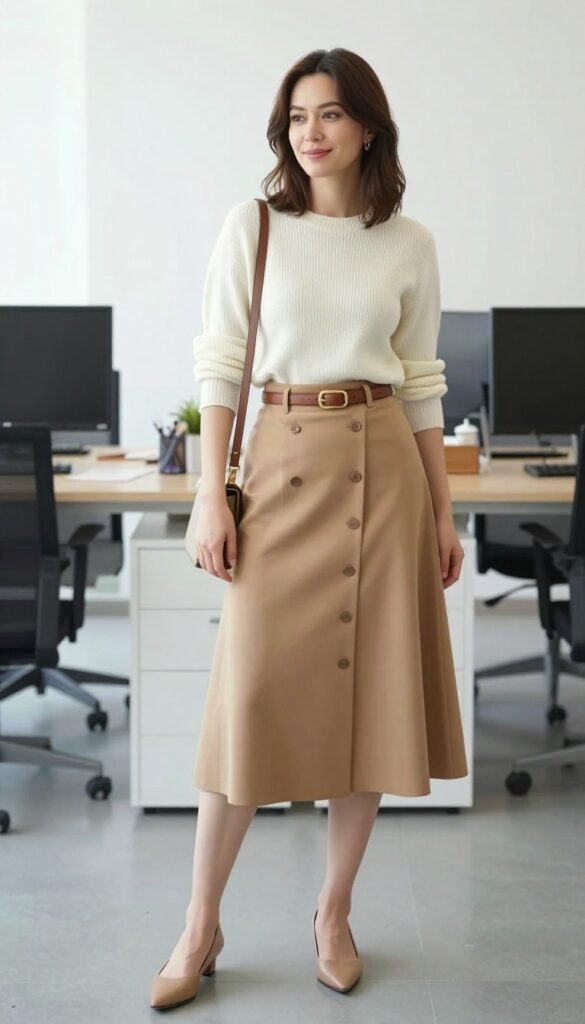 10. Button-Front Skirt + Knit Top + Belt