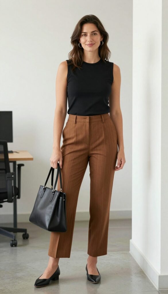 13. Brown Pinstripe Trousers with a Black Shell Top