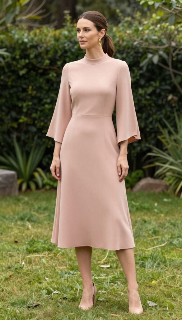 Woman in champagne pink mock neck bell sleeve midi dress, gold hoops, nude heels, in sunlit garden