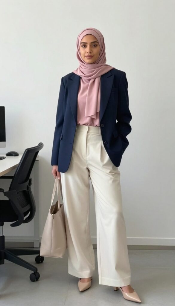 1. Tailored Blazer + Wide-Leg Trousers + Silk Hijab