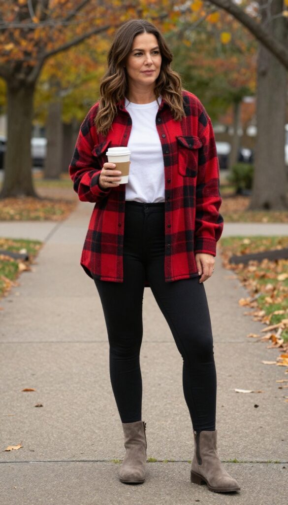 9. Oversized Flannel Shirt + Leggings + Ankle Booties