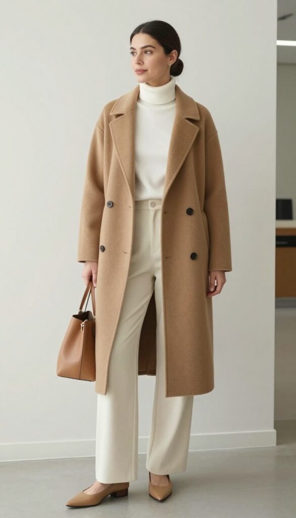 5. Camel Coat + White Turtleneck + Wide-Leg Pants