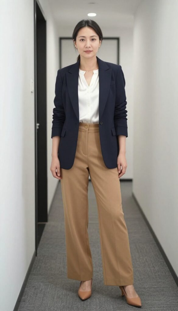 1. Navy Blazer + White Blouse + Camel Trousers