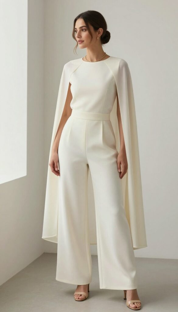 Woman in ivory jumpsuit and sheer cape with gold jewelry and nude heels in bright room