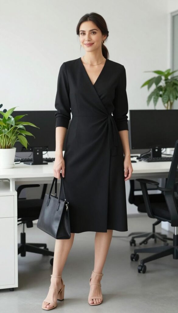 9. Black Wrap Dress + Minimal Jewelry + Strappy Heels