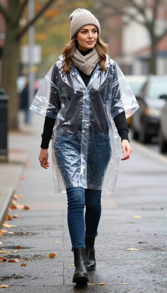 8. Rain Poncho with Slim Jeans and Chelsea Boots