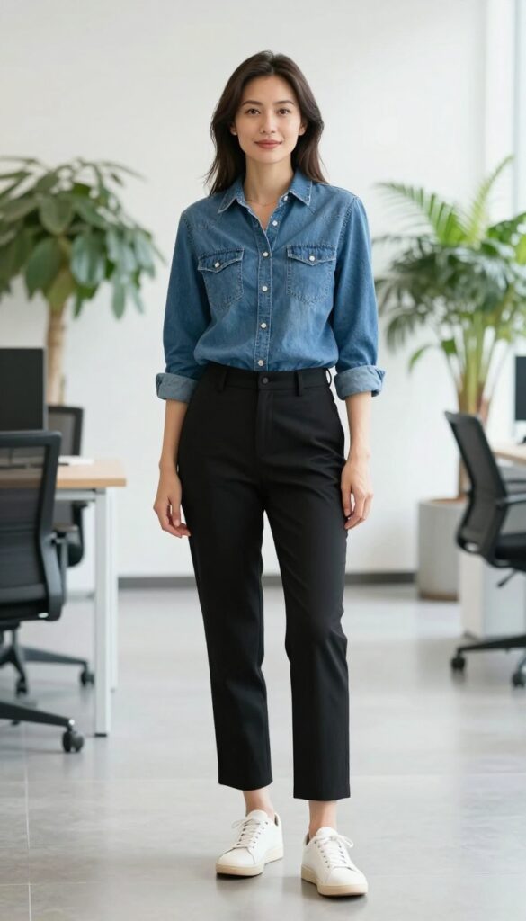 6. The Denim Shirt with Black Trousers