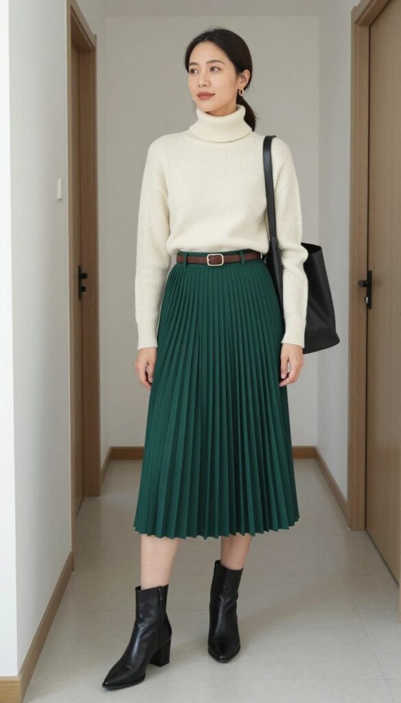4. Pleated Midi Skirt + Turtleneck + Ankle Boots