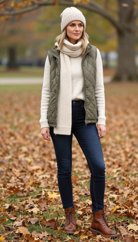 8. Quilted Vest with a Chunky Scarf and Slim-Fit Jeans