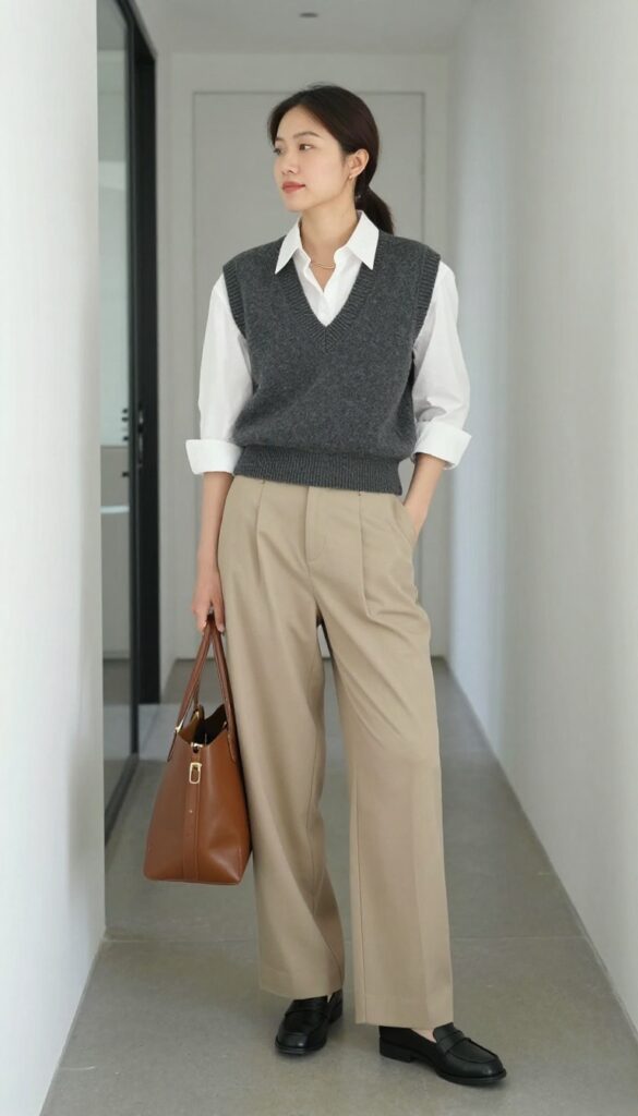 1. Tailored Knit Vest with White Button-Down and Trousers