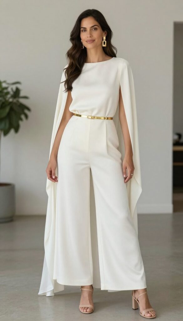 Modern bridal jumpsuit with cape sleeves in ivory, styled with gold belt and earrings, nude block heels, in a bright airy room