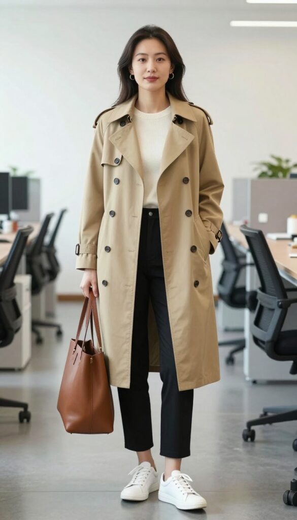 5. Trench Coat + Knit Top + Pencil Skirt + Low-Top Sneakers