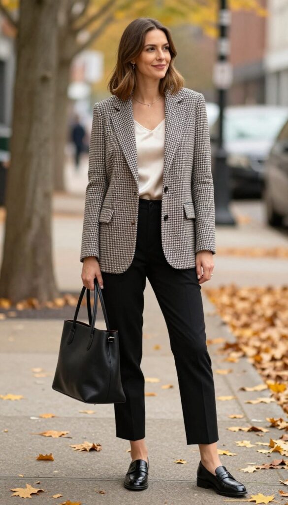 12. Plaid Blazer + Silk Camisole + Tailored Trousers + Loafers