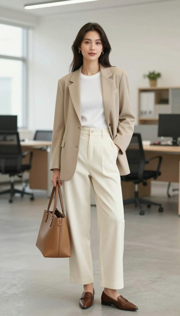 1. Soft Blazer + Wide-Leg Trousers + Knit Top