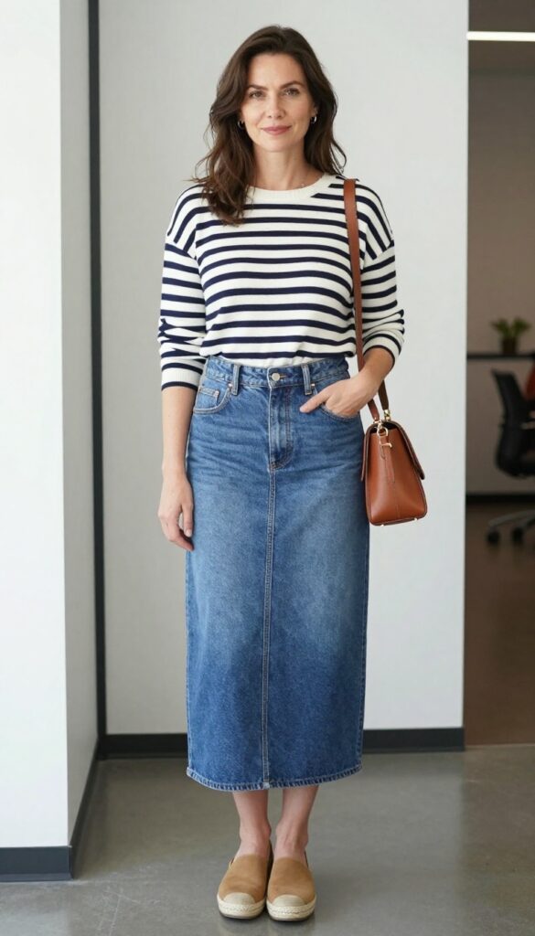 9. Striped Sweater + White Denim Skirt + Espadrille Wedges