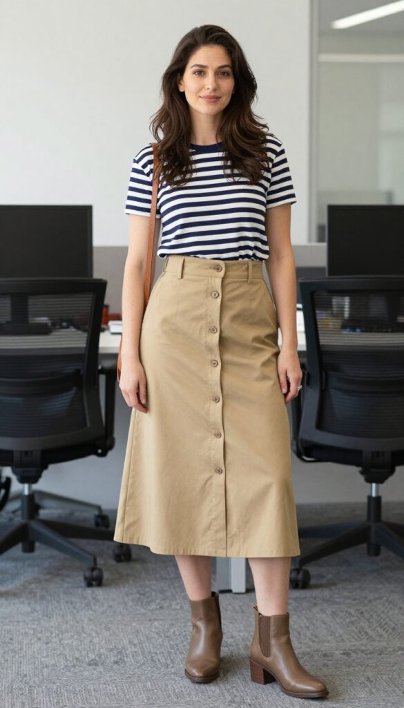 7. Button-Front Skirt with a Striped Tee and Cardigan