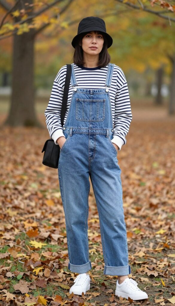 8. Overalls with a Striped Long-Sleeve Tee and a Bucket Hat