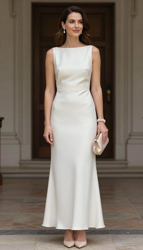 Woman in straight silk wedding dress with pearl accessories and nude satin stilettos in chapel