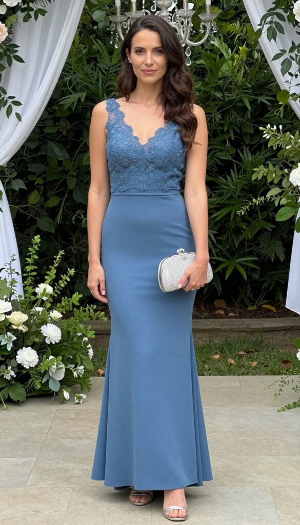 Adult woman with fair skin and light brown hair in soft waves wearing a dusty blue mermaid wedding dress with illusion lace neckline, silver strappy sandals, and crystal clutch, standing in an elegant ballroom with chandeliers, smiling gently.