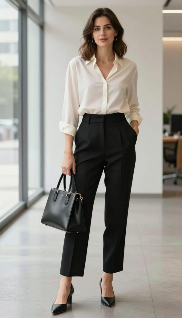 1. Tailored Black Trousers + Silk Blouse + Pointed Flats