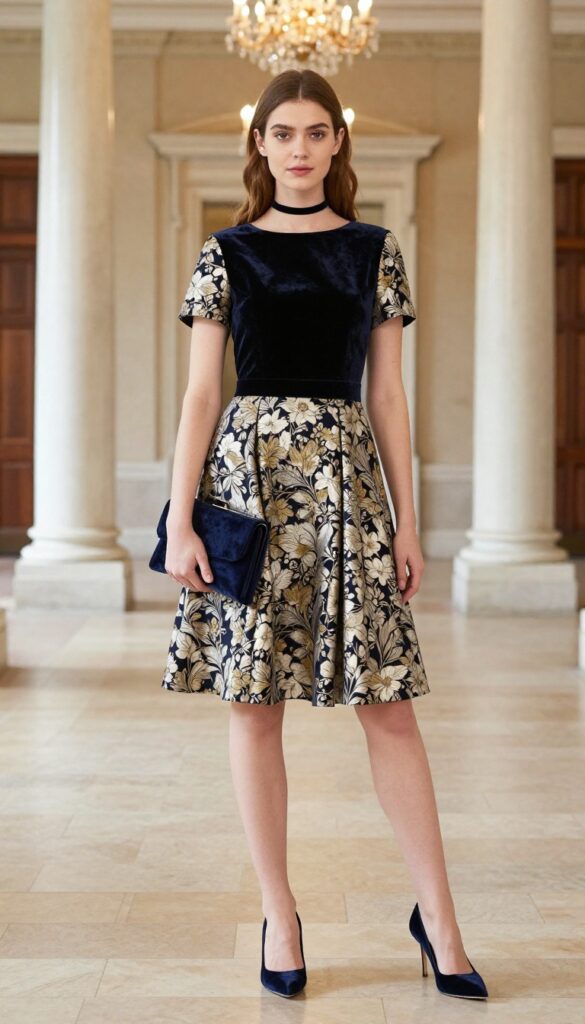 Woman in boatneck puff-sleeve floral jacquard dress with black velvet choker and navy pumps in grand ballroom