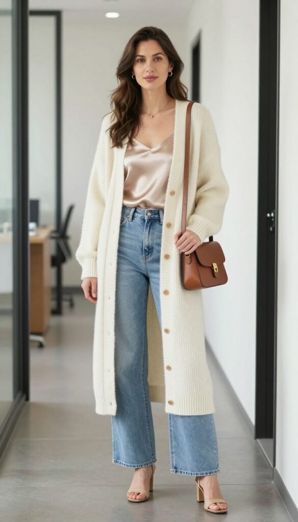 12. Cardigan + Silk Camisole + Wide-Leg Jeans