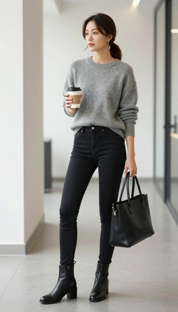 4. Grey Knit Sweater + Black Jeans + Ankle Boots