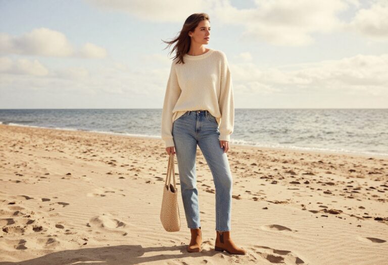 Woman in cream knit sweater and white jeans on a fall beach