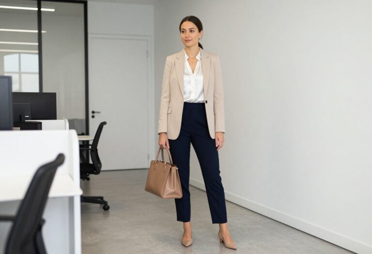 Woman in beige blazer and navy trousers standing in office hallway