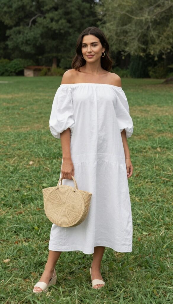 Young woman with warm skin tone wearing off-shoulder white linen dress, holding round straw bag, standing on grassy lawn at daytime wedding reception, wearing espadrille wedges and gold hoop earrings, smiling naturally.