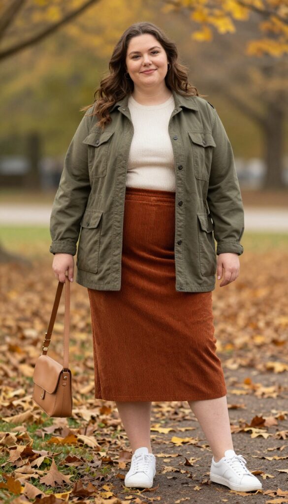 8. Utility Jacket with a Midi Skirt and Sneakers