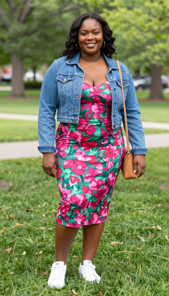 8. Printed Midi Dress with Denim Jacket