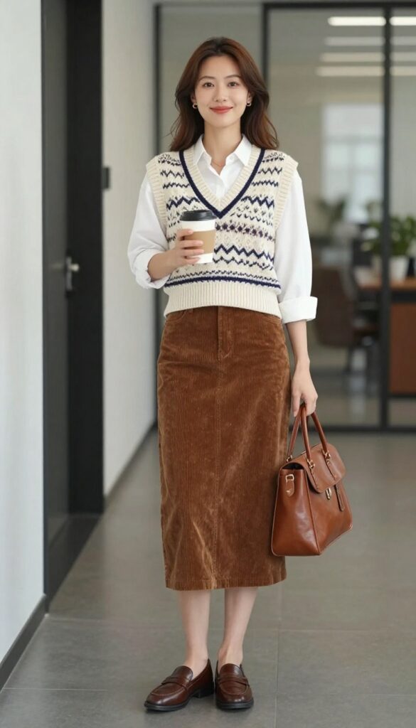 10. Knit Vest over a Button-Down with Corduroy Skirt